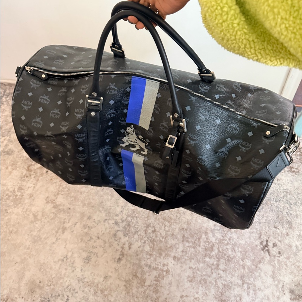MCM Black Logo Canvas Duffel with Blue and Gray Racing Stripe